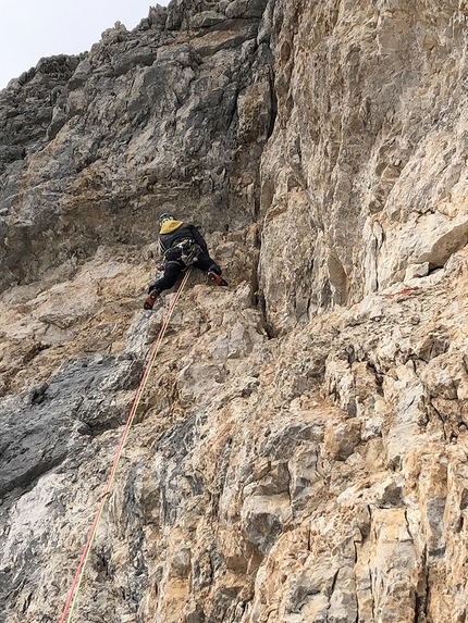 Brenta Dolomites, Sfulmini, Franco Nicolini, Davide Galizzi - Making the first ascent of La Piccozza nella Roccia up Punta Centrale dei Sfulmini in the Brenta Dolomites (Davide Galizzi, Franco Nicolini))