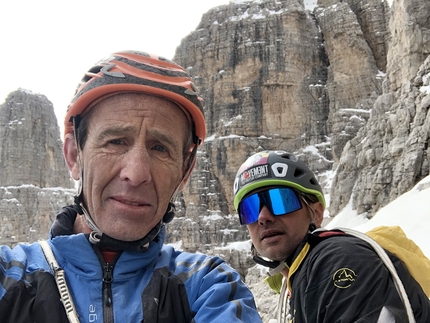 Brenta Dolomites, Sfulmini, Franco Nicolini, Davide Galizzi - Franco Nicolini and Davide Galizzi making the first ascent of La Piccozza nella Roccia up Punta Centrale dei Sfulmini in the Brenta Dolomitesì