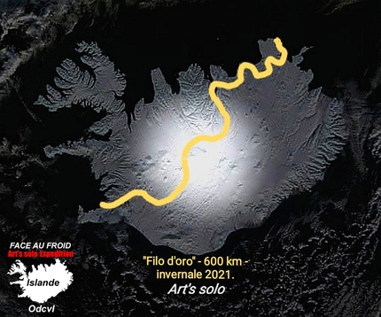 Islanda, traversata invernale, Giorgio Sedda - La mappa dell'Islanda e la traversata invernale effettuata da Giorgio Sedda. 600 chilometri in solitaria con sci e pulka, 