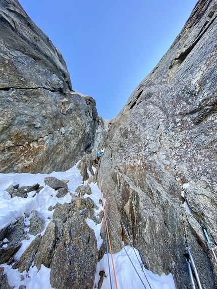 Flammes de Pierre, Mont Blanc, Aymeric Clouet, Mathieu Maynadier, Charles Noirot  - The first ascent of T’enflammes pas on Pointe Michel Micheline, NW Face of Flammes de Pierre in the Mont Blanc massif (Aymeric Clouet, Mathieu Maynadier, Charles Noirot 03/2021)