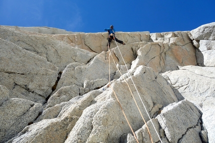 El Mocho, Patagonia, Sean Villanueva - Sean Villanueva on the overhanging finger crack boulder pitch (pitch 4) of Chalten sin Chapas, El Mocho, Patagonia