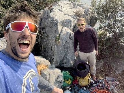 Monte Colodri, Arco, Italy, Francesco Salvaterra, Marco Pellegrini - Francesco Salvaterra and Marco Pellegrini after the first ascent of Via per Giuliano on the South Face of Monte Colodri, Arco