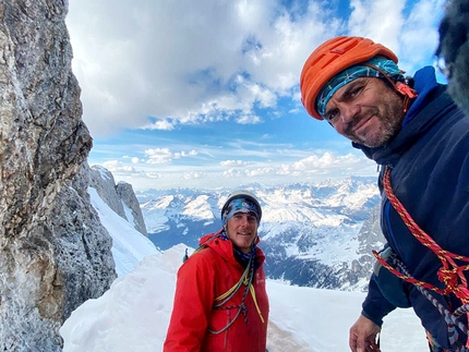 Cimon della Pala, Pale di San Martino, Dolomites, Emanuele Andreozzi, Matteo Faletti - Emanuele Andreozzi and Matteo Faletti making the first ascent of Elements of Life on the north face of Cimon della Pala, Pale di San Martino, Dolomites on 01/04/2021