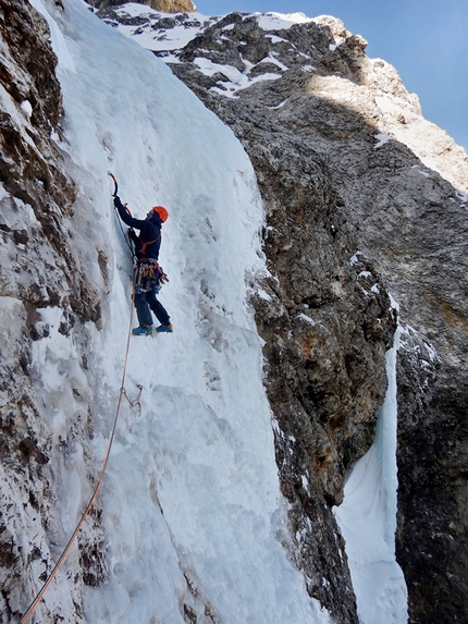 Cimon della Pala, Pale di San Martino, Dolomites, Emanuele Andreozzi, Matteo Faletti - Matteo Faletti on the steep ice of pitch 3 of Elements of Life on the north face of Cimon della Pala, Pale di San Martino, Dolomites