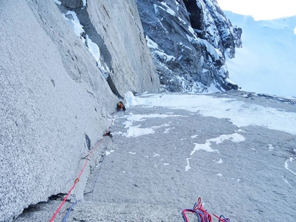 Aiguille de Pélerins, John McCune, Will Sim, Above and Beyond - John McCune and Will Sim making the first ascent of Above and Beyond on Aiguille de Pélerins in the Mont Blanc massif