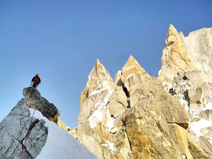 Aiguille de Pélerins, John McCune, Will Sim, Above and Beyond - John McCune and Will Sim making the first ascent of Above and Beyond on Aiguille de Pélerins in the Mont Blanc massif