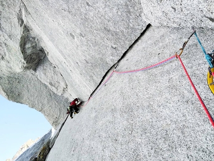 Aiguille de Pélerins, John McCune, Will Sim, Above and Beyond - John McCune and Will Sim making the first ascent of Above and Beyond on Aiguille de Pélerins in the Mont Blanc massif