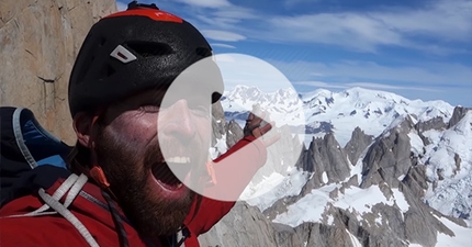 Sean Villanueva O’Driscoll, Moonwalk Traverse, Fitz Roy Traverse, Patagonia - Sean Villanueva on the summit of  Aguja Guillaumet during the Moonwalk Traverse of the Fitz Roy skyline in Patagonia