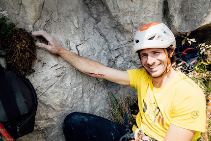 Monte Colodri, Arco, climbing, Opera Buffa, Alessandro Beber, Matteo Pavana - Alessandro Beber while making the first ascent of Opera Buffa on Monte Colodri, Arco