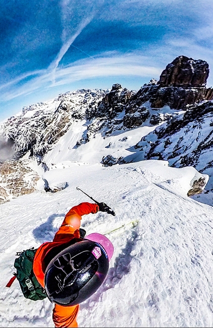 Aldo Valmassoi, Cristallo di Mezzo, Dolomiti - Aldo Valmassoi durante la prima discesa dalla parete nord del Cristallo di Mezzo, Dolomiti