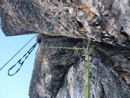 Fabio Valseschini, first winter solo of the NW Face of Civetta - On the roof pitch of Via dei 5 di Valmadrera, Civetta, Dolomites