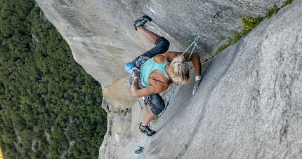 Brittany Goris, Salathé Wall, El Capitan, Yosemite - Brittany Goris making a free ascent of the Salathé Wall, El Capitan, Yosemite in May 2020. Here climbing the Teflon Corner