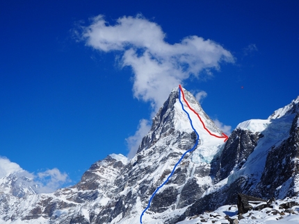 Kangchung Shar, Nepal, Jaroslav Bánský, Zdeněk Hák - Kangchung Shar (6030 m) in Nepal e le linee di salita e discesa di Jaroslav Bánský e Zdeněk Hák. I cechi hanno completato la prima traversata della montagna, scalando la parete nord fino al colle che separa Kangchung Shar e Cholo, poi hanno seguito la cresta NO fino in cima, per ritornare alla sella e scendere lungo la parete sud.