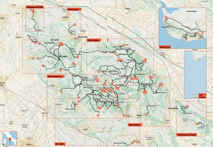 Lepini, Circeo, Isola Zannone, Tommaso Funaro - La cartina degli itinerari nella guida  'Lepini, Circeo e Isola Zannone. 67 itinerari a piedi su tutte le cime del settore' di Tommaso Funaro (Edizioni Versante Sud 2021)
