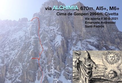 Alchimia, Cima de Gasperi, Civetta, Dolomiti, Emanuele Andreozzi, Santiago Padrós - Il tracciato di Alchimia alla Cima de Gasperi in Civetta (Dolomiti), aperta da Emanuele Andreozzi e Santiago Padrós il 30/05/2021