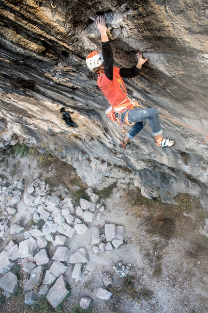 Alessandro Larcher, Bombo Balla, Bus de Vela - Alessandro Larcher making a greenpoint ascent of the 8b+ sport climb Bombo Balla at Bus de Vela, Italy, October 2020