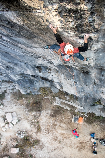 Alessandro Larcher, Bombo Balla, Bus de Vela - Alessandro Larcher making a greenpoint ascent of the 8b+ sport climb Bombo Balla at Bus de Vela, Italy, October 2020