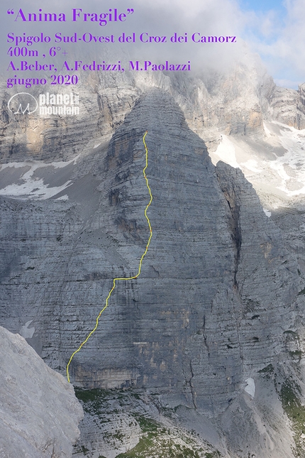 Anima Fragile, Col dei Camorz, Civetta, Dolomiti, Alessandro Beber, Alberto Fedrizzi, Martina Paolazzi - Anima Fragile sullo Spigolo Sud-Ovest del Col dei Camorz  nel gruppo del Civetta, Dolomiti (Alessandro Beber, Alberto Fedrizzi, Martina Paolazzi, Marco Roncini 06/2021)