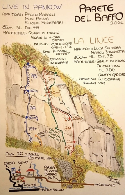 Val Masino arrampicata, Zona Rossa - Schizzo ad opera di Marco Zanchetta della via 'Live in Pankow' e limitrofe