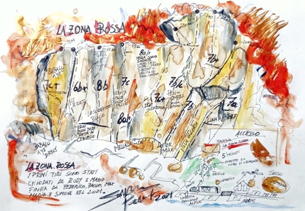 Val Masino arrampicata, Zona Rossa - Zona Rossa in Val Masino: quando arte e falesie si incontrano tra le mani di Simoni Pedeferri gli schizzi delle falesie diventano opere d'arte