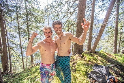 Sébastien Berthe, Siebe Vanhee, Fly, Staldenfluh, Lauterbrunnental, Switzerland - Sébastien Berthe and Siebe Vanhee celebrating on the summit of Staldenfluh in Switzerland's Lauterbrunnental after making the 3rd and 4th ascent of 'Fly'. 