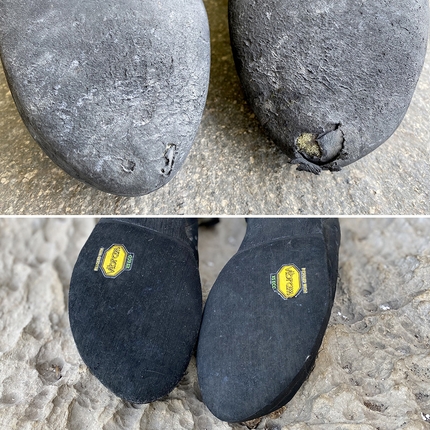 Vibram - The climbing shoes before and after being resoled with the new climbing rubber Vibram XS Eco