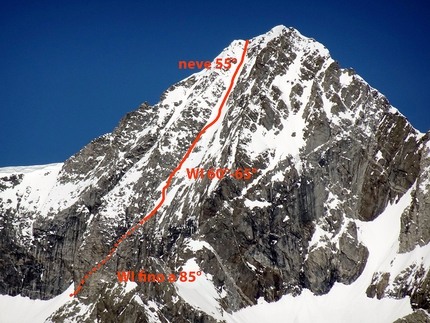 Cima di Rosso, Alta Valmalenco, Goulotte della Z, Alberto Rusconi, Mario Vannuccini - Il versante meridionale della Cima di Rosso con il tracciato della Goulotte della Z