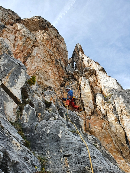 L'apprendista, Campanile di Gardeccia, Catinaccio, Dolomiti, Marco Bozzetta, Giovanni Andriano - Durante l'apertura di L'apprendista, Campanile di Gardeccia, Catinaccio, Dolomiti (Marco Bozzetta, Giovanni Andriano 2021)