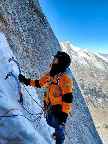 Nevado Huamashraju East, Peru, Iker Pou, Eneko Pou - Iker Pou and Eneko Pou making the first ascent of ¡Viva Perú Carajo! on the south face of Nevado Huamashraju East in Peru