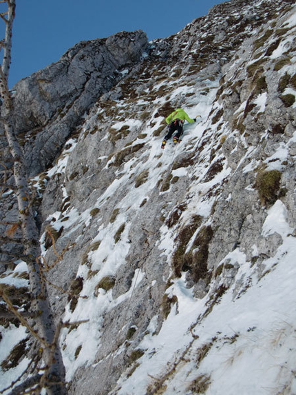 Cugi's Corner, Cimon di Palantina NW Face - Barry Bona on pitch 2 of Cugi's Corner, NW Face Cimon di Palantina, Dolomites