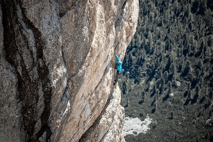 Heiligkreuzkofel, Dolomites, Simon Messner, Philipp Prünster, Sinnfresser, Mittelpfeiler - Simon Messner and Philipp Prünster making the first ascent of Sinnfresser on Heiligkreuzkofel in the Dolomites