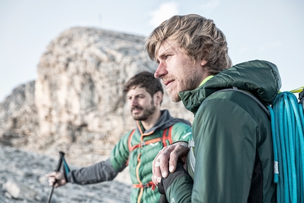 Heiligkreuzkofel, Dolomites, Simon Messner, Philipp Prünster, Sinnfresser, Mittelpfeiler - Philipp Prünster and Simon Messner making the first ascent of Sinnfresser on Heiligkreuzkofel in the Dolomites