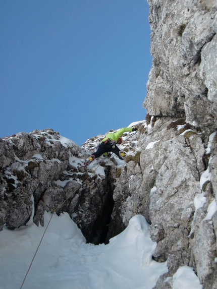 Cugi's Corner, Cimon di Palantina NW Face - Barry Bona on pitch 2 of Cugi's Corner, NW Face Cimon di Palantina, Dolomites