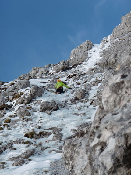 Cugi's Corner, Cimon di Palantina NW Face - Barry Bona on pitch 2 of Cugi's Corner, NW Face Cimon di Palantina, Dolomites