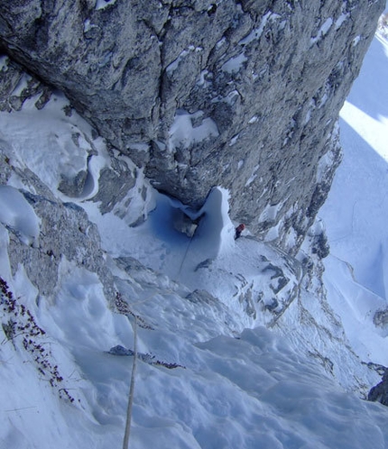 Cugi's Corner, Cimon di Palantina NW Face - Climbing up towards the belay on the 5th pitch of Cugi's Corner, NW Face Cimon di Palantina, Dolomites