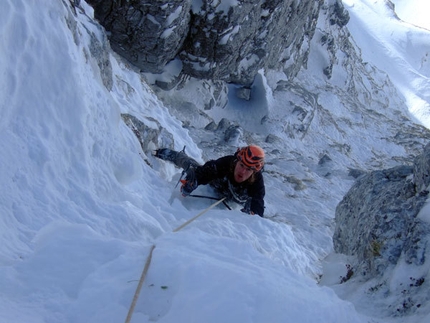 Cugi's Corner, Cimon di Palantina NW Face - Simone Favero on the 6th pitch of Cugi's Corner, NW Face Cimon di Palantina, Dolomites