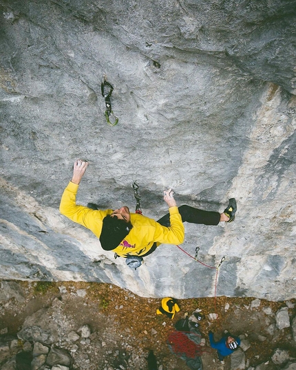 Barbara Zangerl, Sprengstoff, Lorüns, Austria - Jacopo Larcher making the first ascent of Sprengstoff 9a at Lorünser Wändle in Austria, November 2021