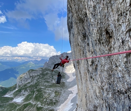 Presolana, Leo Gheza, Angelo Contessi - Leo Gheza and Angelo Contessi making the first ascent of Presolana Holiday, Presolana north face