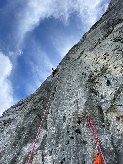 Presolana, Leo Gheza, Angelo Contessi - Leo Gheza and Angelo Contessi making the first ascent of Presolana Holiday, Presolana north face