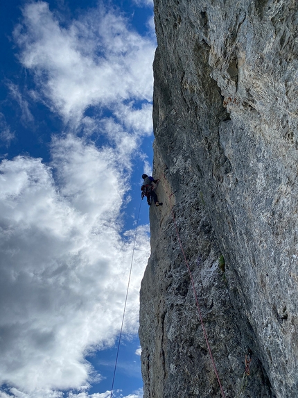 Presolana, Leo Gheza, Angelo Contessi - Leo Gheza and Angelo Contessi making the first ascent of Presolana Holiday, Presolana north face