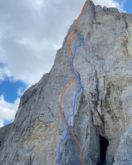 Stefan Glowacz, Philipp Hans, Pic de Bure, France - Pic de Bure in France. Red: Pilier Est first ascended in 1961 by André Bertrand, René Desmaison e Yves Pollet-Villard. Blue: Stefan Glowacz, Philipp Hans, August 2021