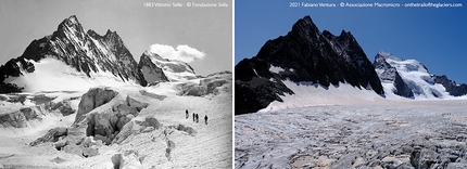 Sulle tracce dei ghiacciai, Ecrins, Monte Bianco, Fabiano Ventura - Sulle tracce dei ghiacciai - Alpi 2021: Grazie al confronto fra l'immagine storica di Vittorio Sella del 1883 e l'attuale situazione, si noti come i seracchi sul cambio di pendenza del ghiacciaio sono completamente spariti lasciando libera la vista sulle creste a sinistra della Barre des Écrins