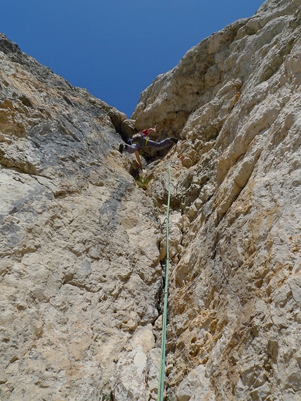 Sass de Stria, Dolomites, Papilio, Anna Coubal, Michal Coubal - Michal Coubal and Anna Coubalová making the first ascent of Papilio on Sass de Stria in the Dolomites