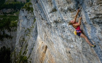 Solveig Korherr climbs La cabane au Canada, her first 9a at Rawyl in Switzerland
