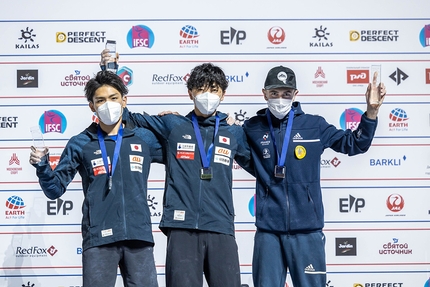 Campionato del Mondo Boulder, Mosca, Russia - 2. Tomoa Narasaki 1. Kokoro Fujii 3. Manuel Cornu, Campionato del Mondo Boulder 2021, Mosca, Russia