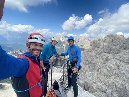 Alziro Molin, Via Molin, Campanile Toro, DoloMitiche, Alessandro Beber - Matteo Faletti, Alessandro Beber e Claudio Migliorini in cima alla Via Molin al Campanile Toro (gruppo Spalti di Toro, Dolomiti)