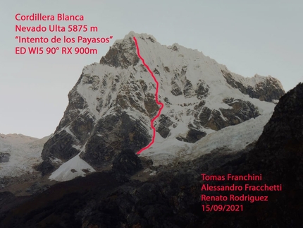 Nevado Huandoy Norte, Nevado Ulta, Cordillera Blanca, Peru, Tomas Franchini - Nevado Ulta 5875m, Cordillera Blanca, Peru: Intento de los Payasos (Tomas Franchini, Alessandro Franchetti, Renato Rodriguez 15/09/2021)