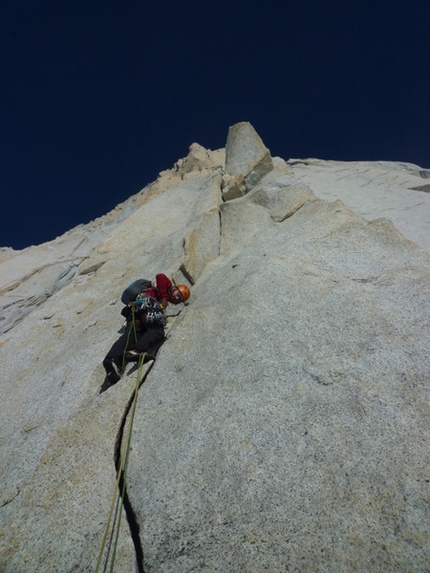 Fitz Roy - Sean Villanueva leading pitch 4, East Face of Fitz Roy, Patagonia.