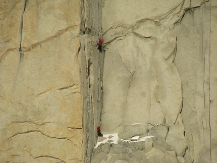 Fitz Roy - Nicolas Favresse and Sean Villanueva during their on-sight ascent up the East Face of Fitz Roy, Patagonia.