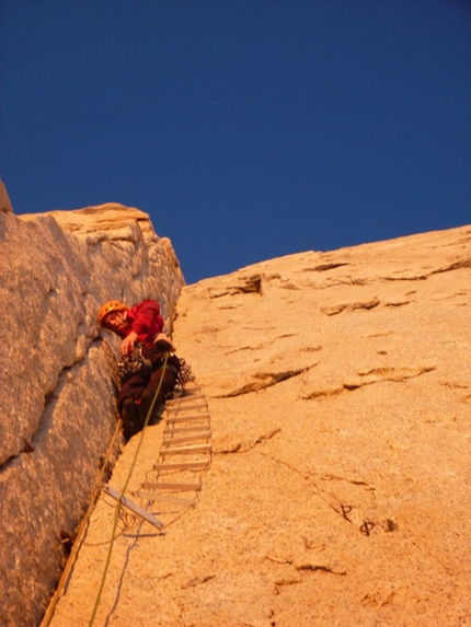 Fitz Roy - Nicolas Favresse and Sean Villanueva during their on-sight ascent up the East Face of Fitz Roy, Patagonia.